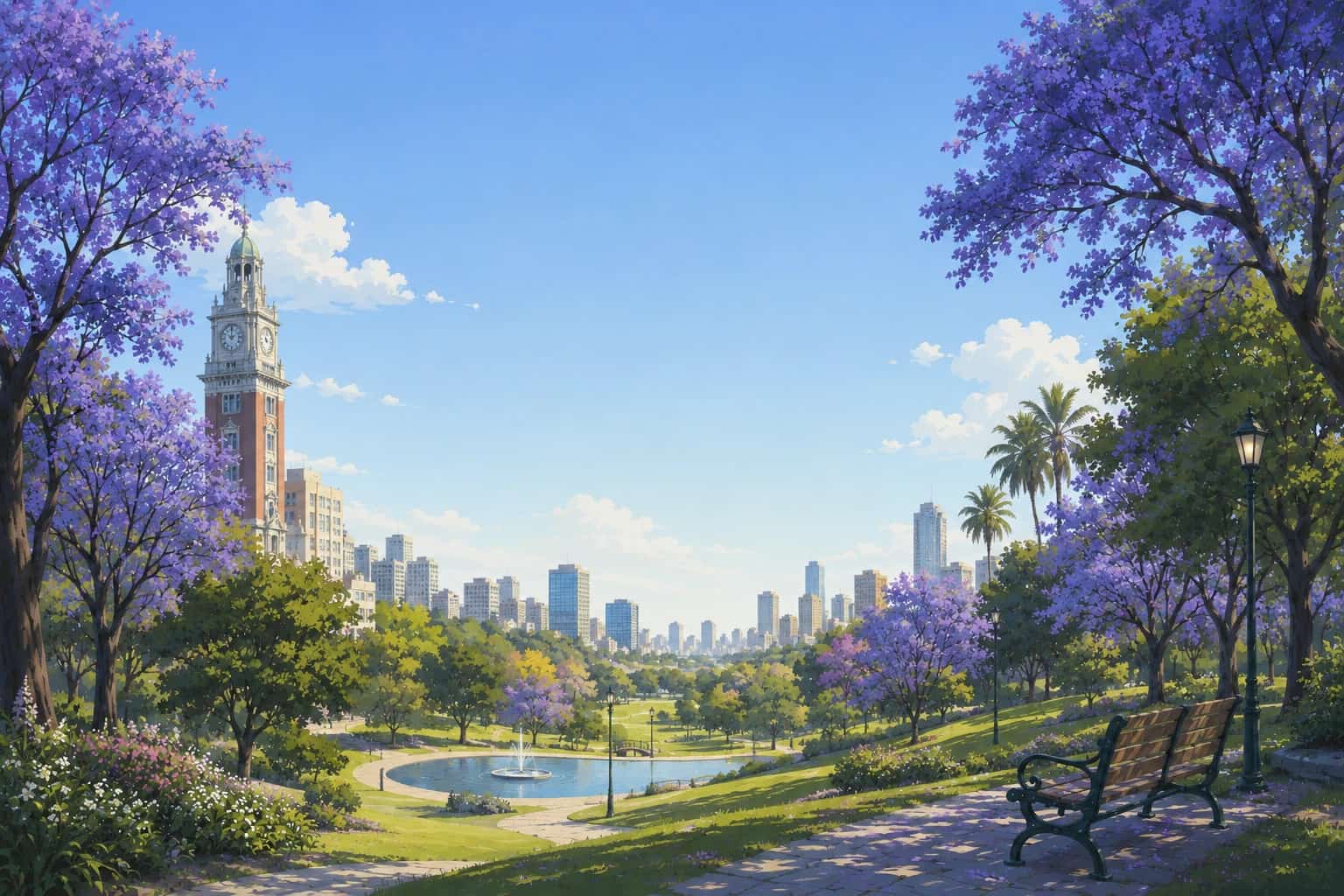 Parque urbano con el skyline de Buenos Aires de fondo